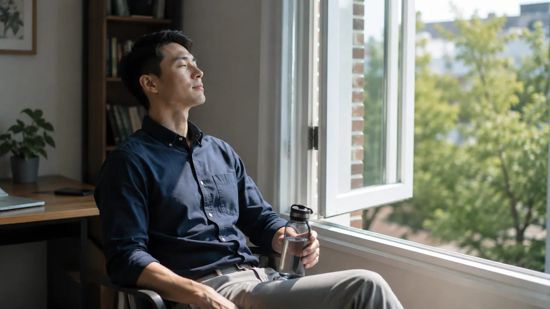 Man taking a gentle breathing pause beside an open window