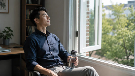 Man taking a gentle breathing pause beside an open window