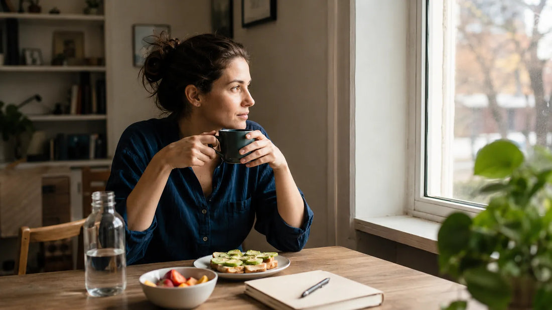 Woman drinking coffee with breakfast, water, and a notebook by a window