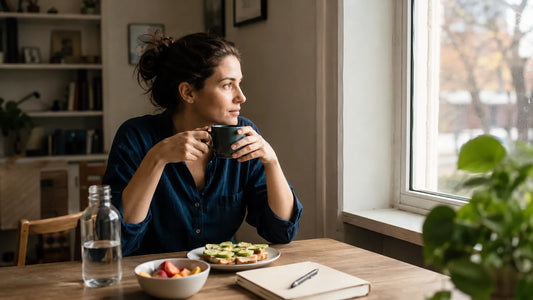 Woman drinking coffee with breakfast, water, and a notebook by a window