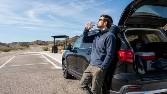 Driver drinking water beside a parked car at a roadside rest area
