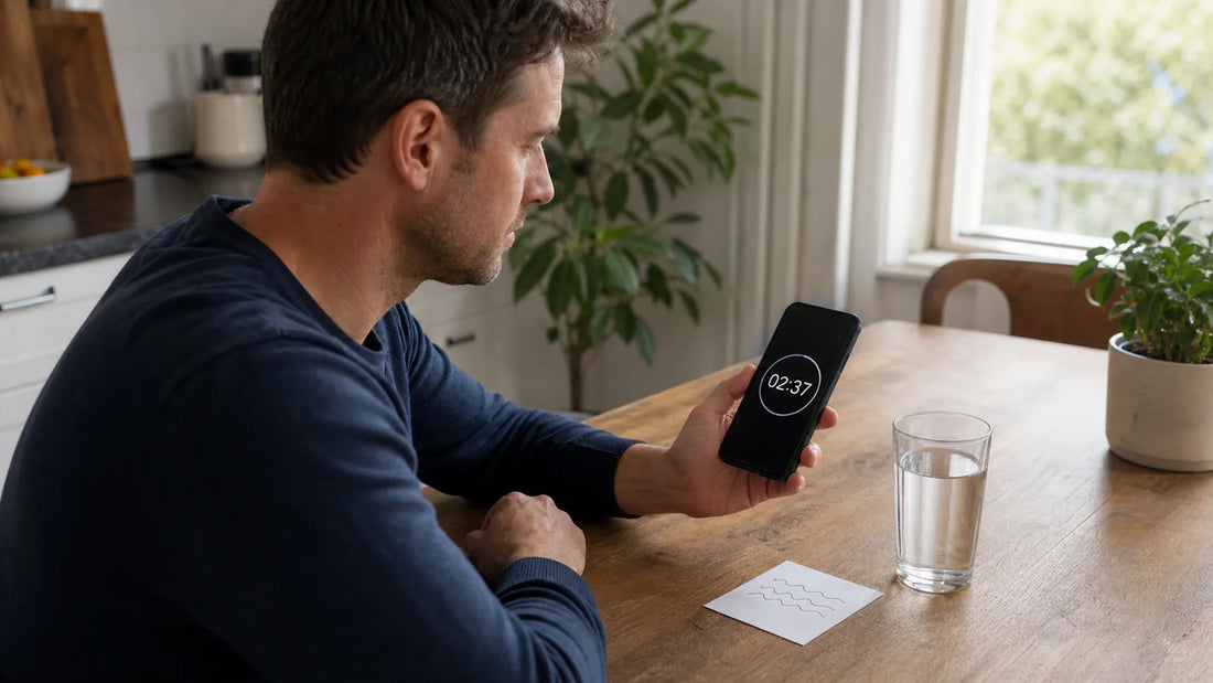 Man using a timer and water to track how a smoking craving rises and falls