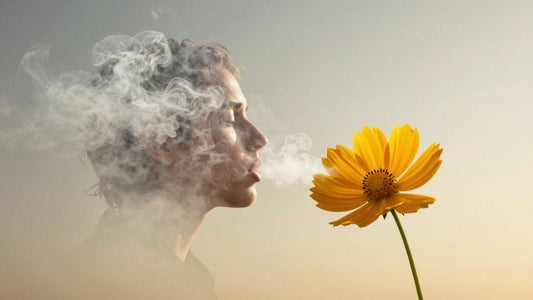Person exhaling smoke turning into a flower.