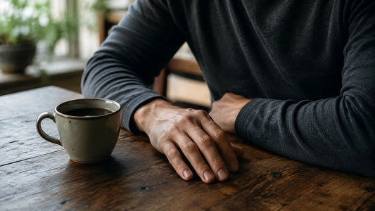 Empty hand resting beside a coffee cup during a familiar trigger moment