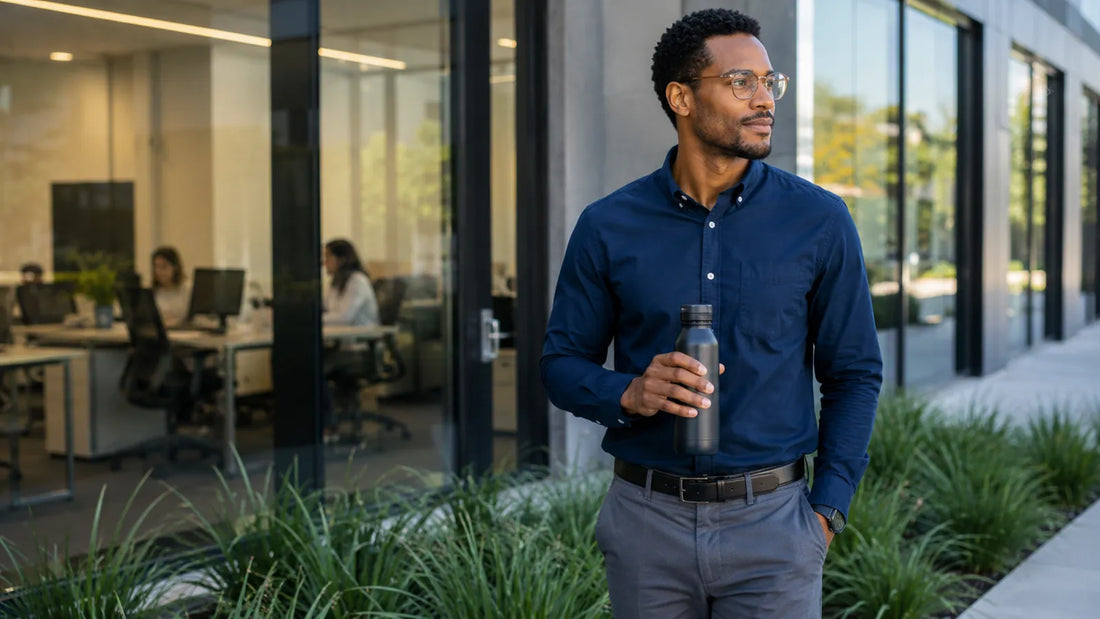 Office worker taking a smoke-free break outside with a water bottle
