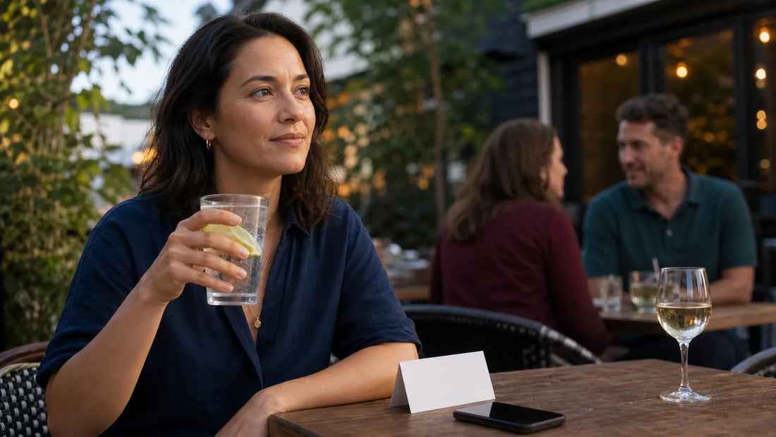Woman choosing sparkling water beside an untouched wine glass before a social event