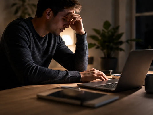 Man pausing at a laptop during a stress-triggered smoking craving