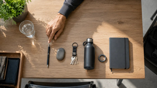 Hand choosing from a pen, stone, keys, water bottle, ring, and notebook